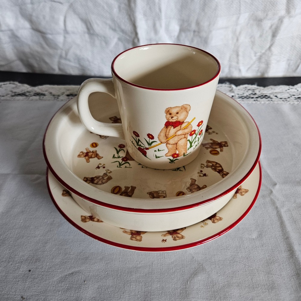 1984 Mason Ironstone "Teddy Bear" 3 piece dinnerware set Plate Mug Porriger Bowl